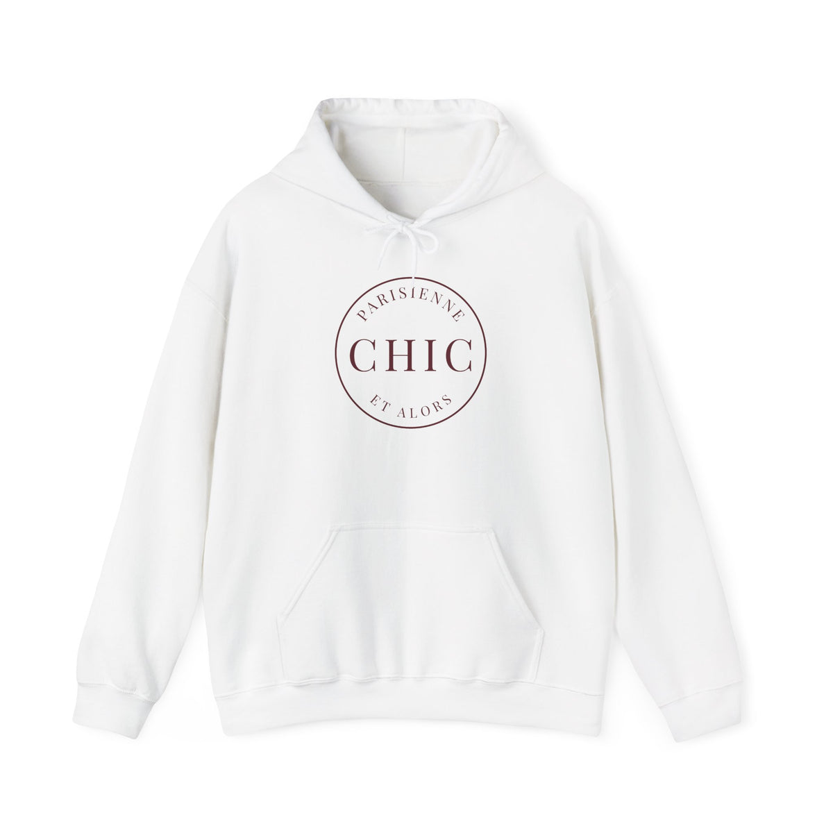 A white hoodie featuring a cream circular “PARISIENNE CHIC ET ALORS” graphic on the front, displayed against a clean white background.