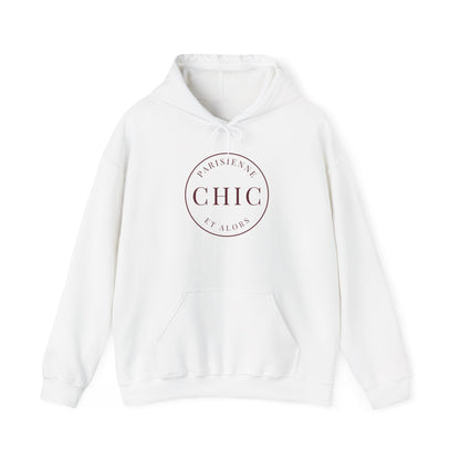 A white hoodie featuring a cream circular “PARISIENNE CHIC ET ALORS” graphic on the front, displayed against a clean white background.