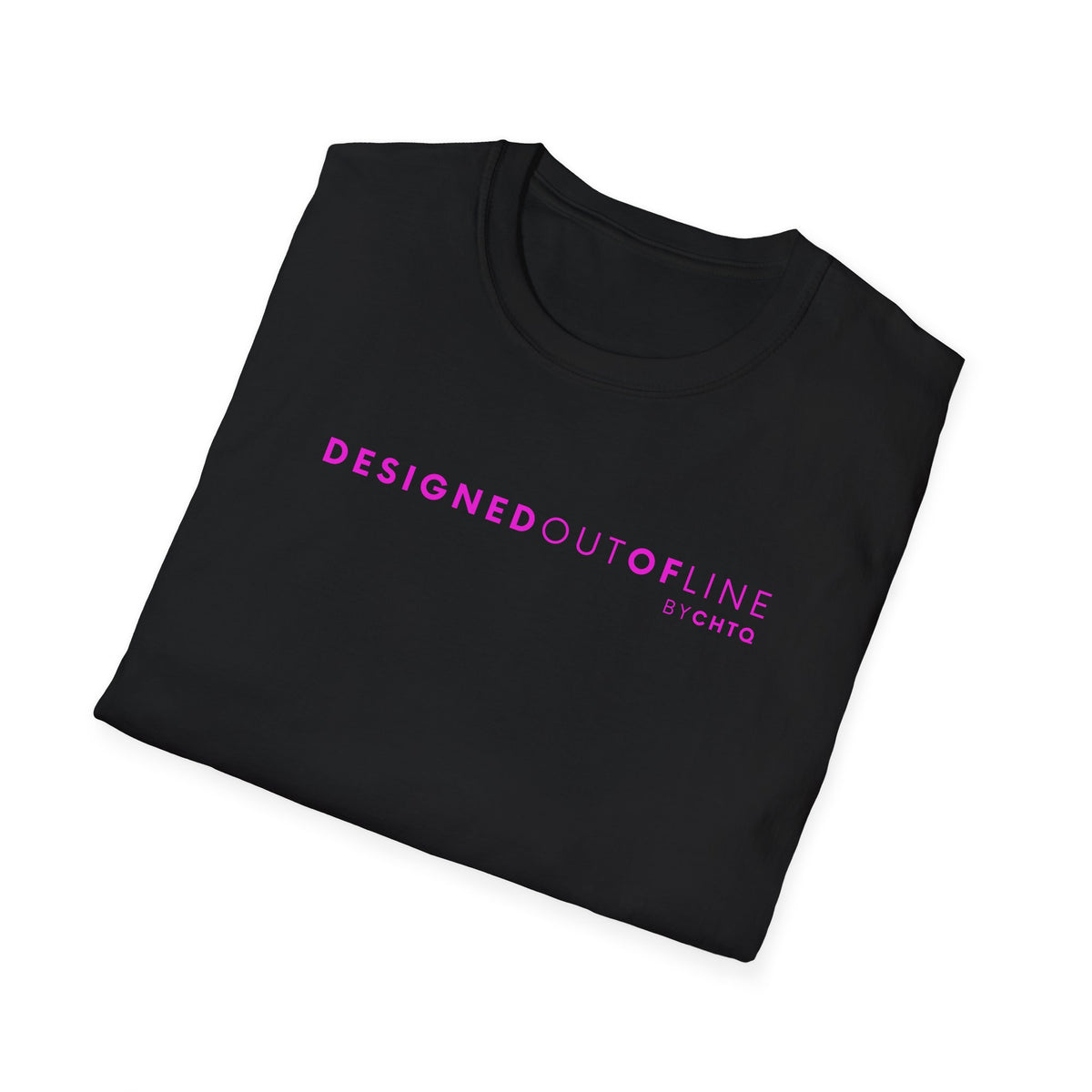 Black short-sleeve T-shirt with “DESIGNED OUT OF LINE” and “BY CHTQ” printed on the front, displayed against a clean white background.