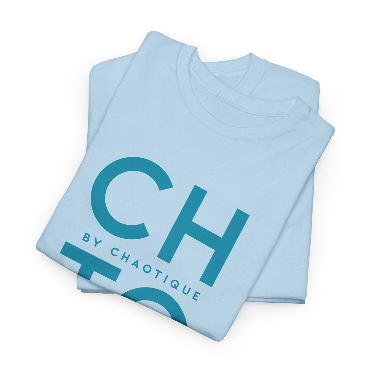 Folded light blue CHTQ BY CHAOTIQUE graphic T-shirt featuring a blue typographic front print, displayed against a clean white background.