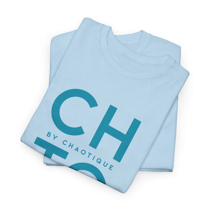 Folded light blue CHTQ BY CHAOTIQUE graphic T-shirt featuring a blue typographic front print, displayed against a clean white background.