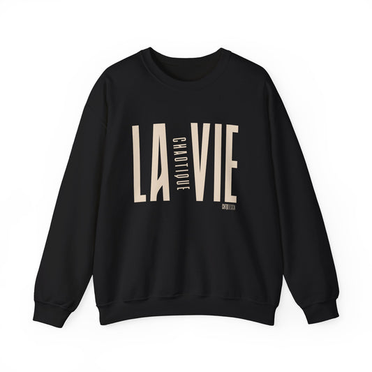 Black sweatshirt with 'LA VIE Chaotique' text on a white background