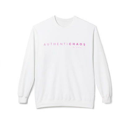 White AuthentiCHAOS graphic sweatshirt with pink typography and BY CHTQ detail on the front.