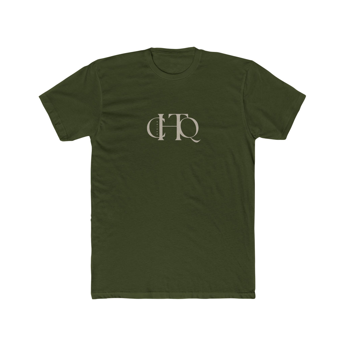 CHTQ Design military green graphic T-shirt with minimalist cream monogram print on the front