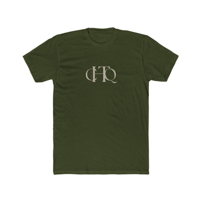 CHTQ Design military green graphic T-shirt with minimalist cream monogram print on the front
