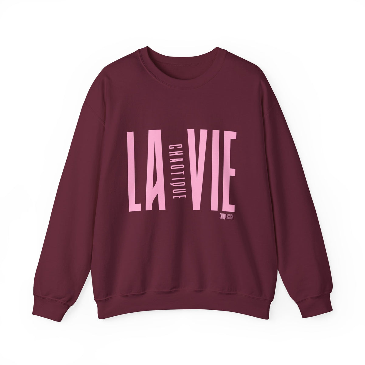 Maroon LA VIE CHAOTIQUE crewneck sweatshirt with bold light pink front print