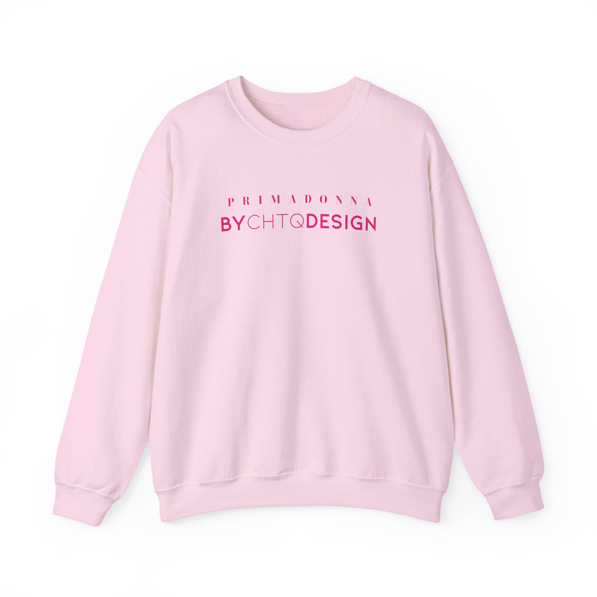 An light pink crewneck sweatshirt featuring pink “PRIMADONNA BY CHTQ DESIGN” text across the chest, displayed against a clean white background.