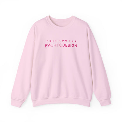 An light pink crewneck sweatshirt featuring pink “PRIMADONNA BY CHTQ DESIGN” text across the chest, displayed against a clean white background.