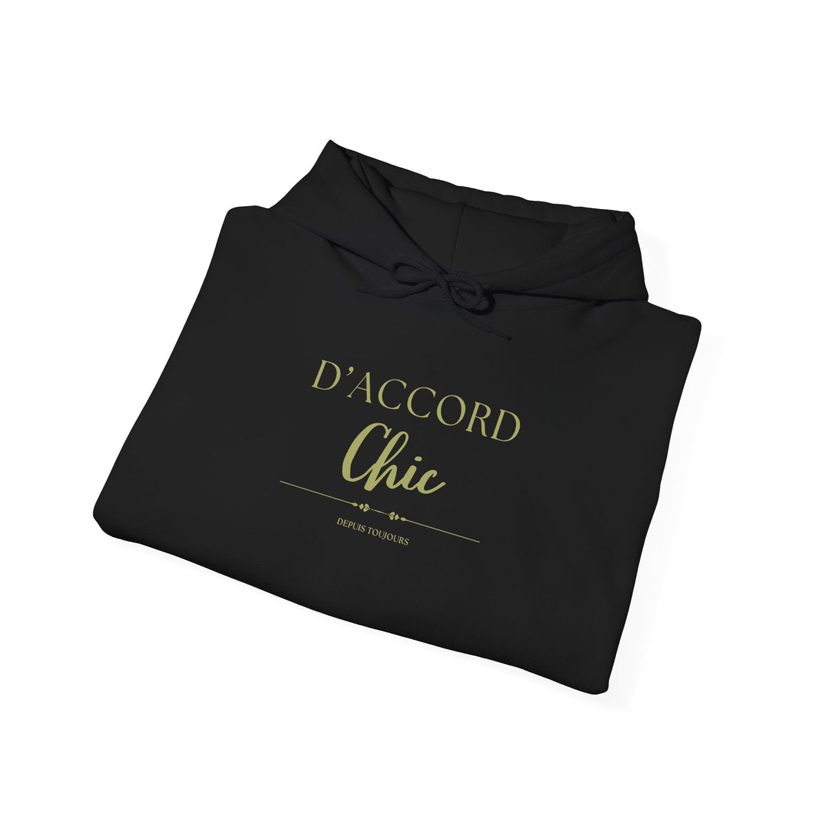 Folded D'Accord Chic Premium Hoodie in black with gold-toned D'ACCORD Chic front graphic
