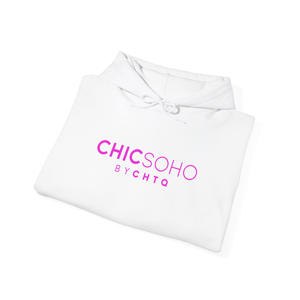 White pullover hoodie with a pink CHICSOHO BY CHTQ logo printed on the chest, displayed on a clean white background.