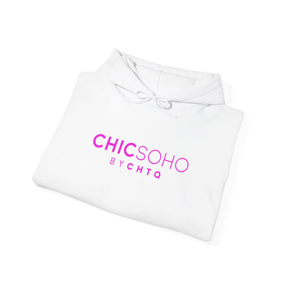 White pullover hoodie with a pink CHICSOHO BY CHTQ logo printed on the chest, displayed on a clean white background.