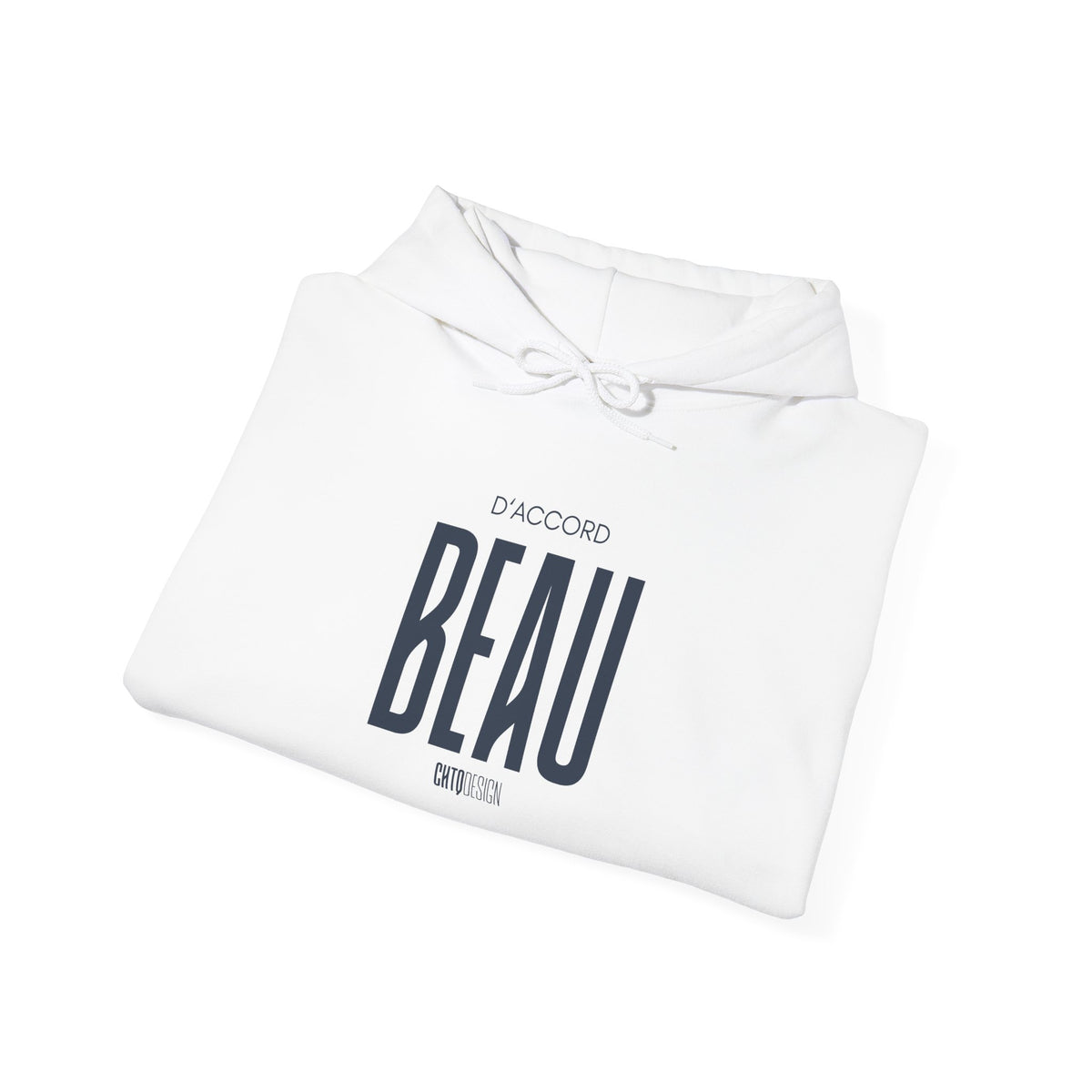 A folded white hoodie with a drawstring hood, featuring the word 'BEAU' in large dark navy letters, with 'D'ACCORD' above and a small logo below, shown on a clean white background.
