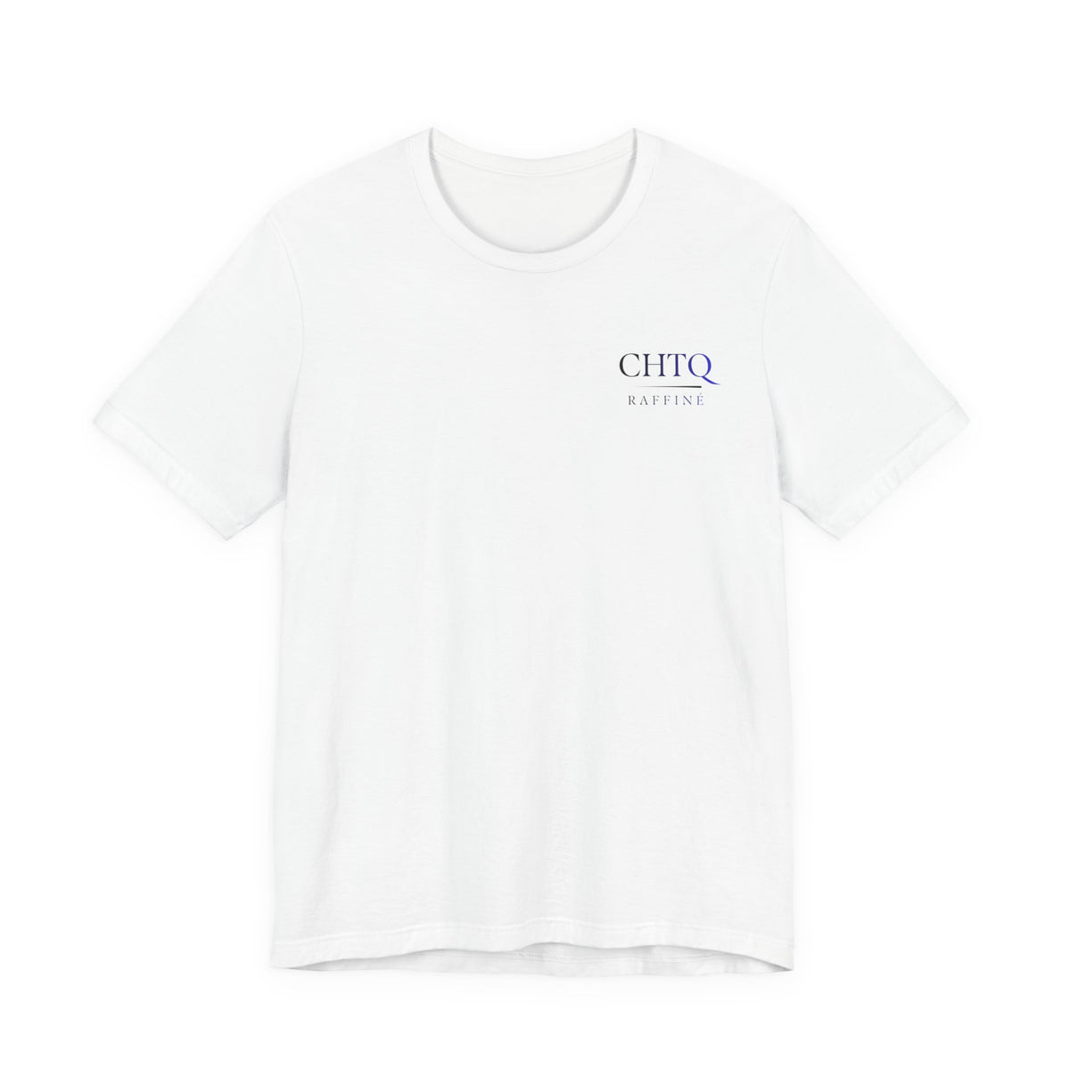 White t-shirt with a small graphic text CHTQ Raffine on the chest against a white background
