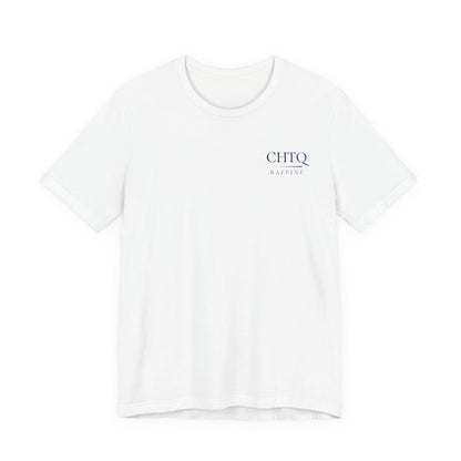 White t-shirt with a small graphic text CHTQ Raffine on the chest against a white background