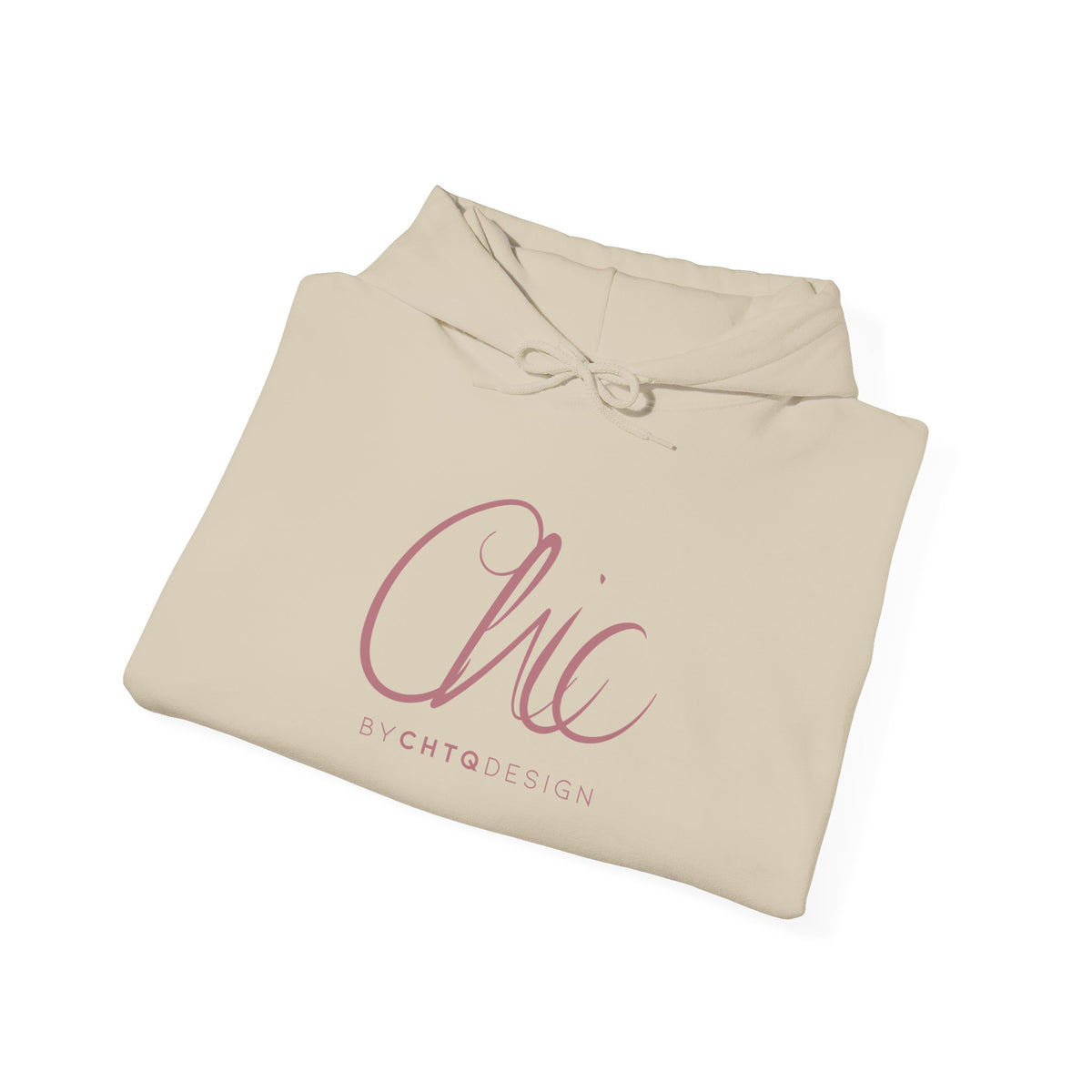 A folded beige hoodie with a pink script logo reading 'Chic' and smaller text 'BY CHTQ DESIGN' underneath, shown on a clean white background.