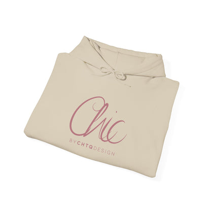 A folded beige hoodie with a pink script logo reading 'Chic' and smaller text 'BY CHTQ DESIGN' underneath, shown on a clean white background.