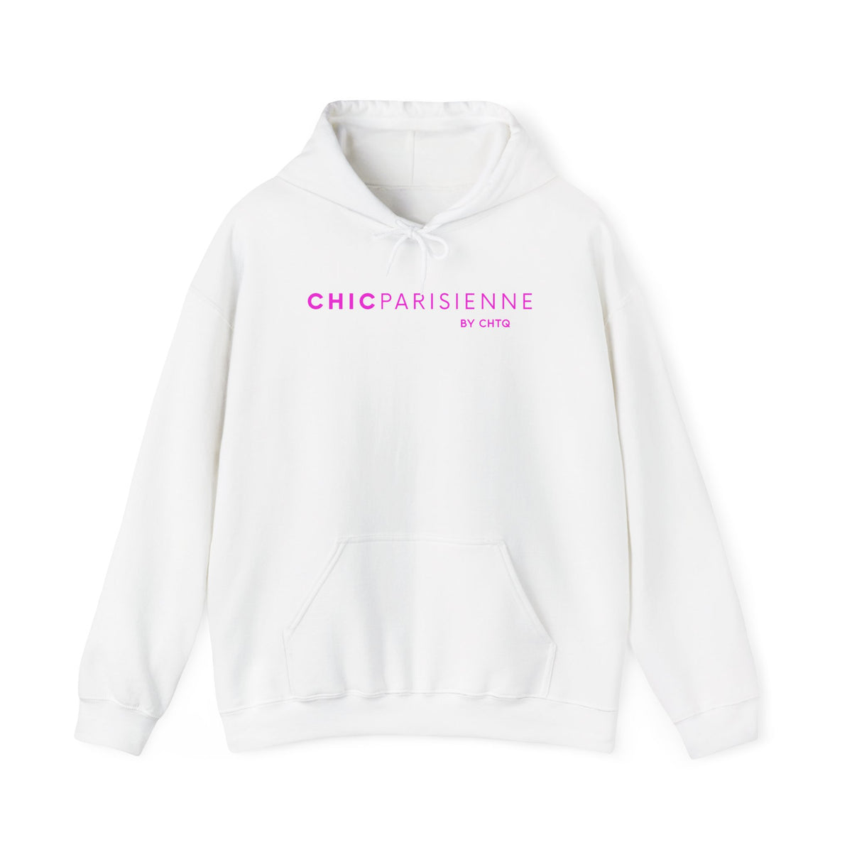 A white pullover hoodie featuring pink “CHIC PARISIENNE BY CHTQ” text printed across the chest, displayed against a clean white background.