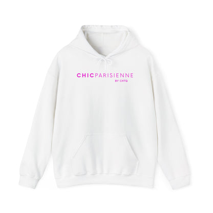 A white pullover hoodie featuring pink “CHIC PARISIENNE BY CHTQ” text printed across the chest, displayed against a clean white background.