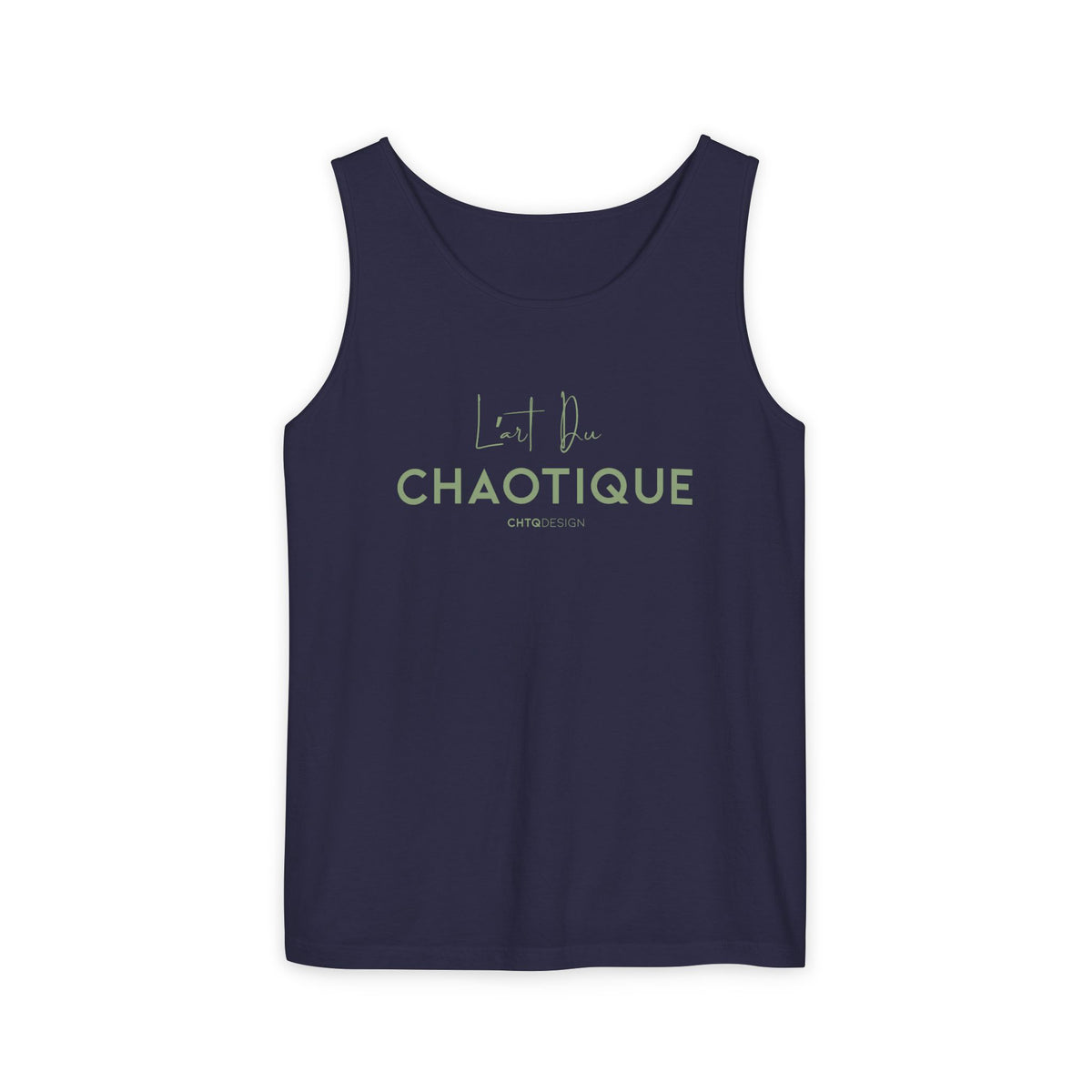 A navy blue sleeveless tank top with a light green graphic print on the front reading 'L'art Du CHAOTIQUE' and 'CHTQDESIGN', displayed against a plain white background.