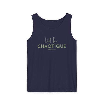 A navy blue sleeveless tank top with a light green graphic print on the front reading 'L'art Du CHAOTIQUE' and 'CHTQDESIGN', displayed against a plain white background.