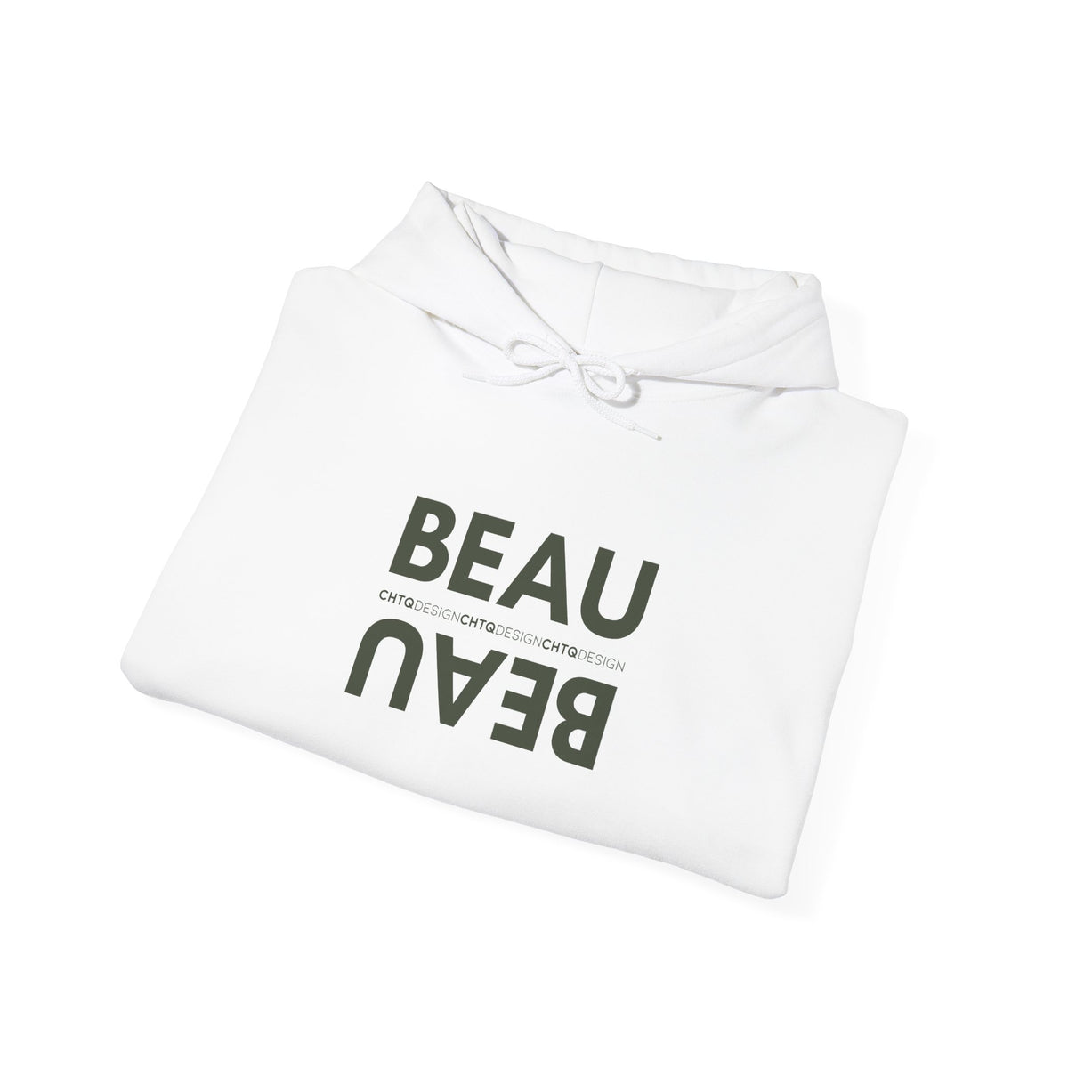 A folded white BEAU graphic hoodie with a mirrored dusty pink BEAU print and CHTQ Design detail on the chest, displayed against a white background.