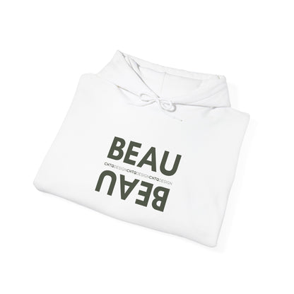 A folded white BEAU graphic hoodie with a mirrored dusty pink BEAU print and CHTQ Design detail on the chest, displayed against a white background.