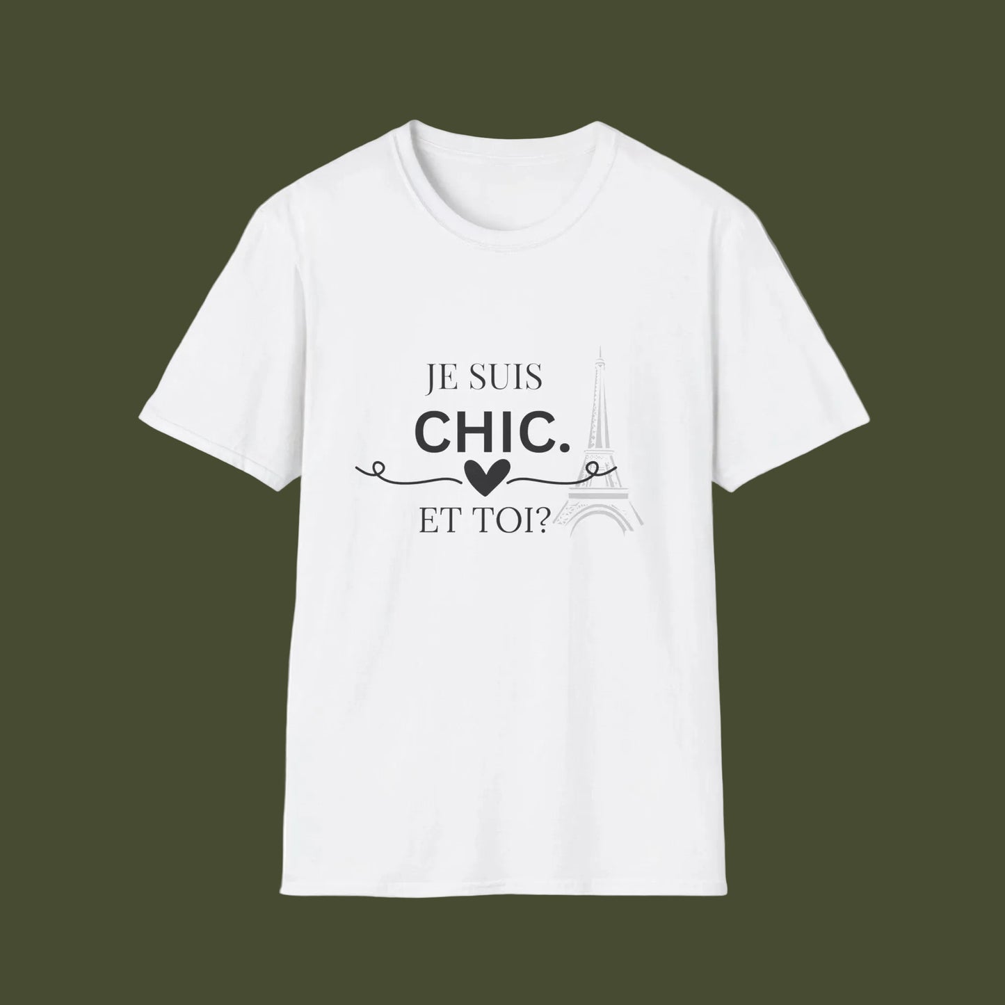 White t-shirt with black text and heart design on a white background