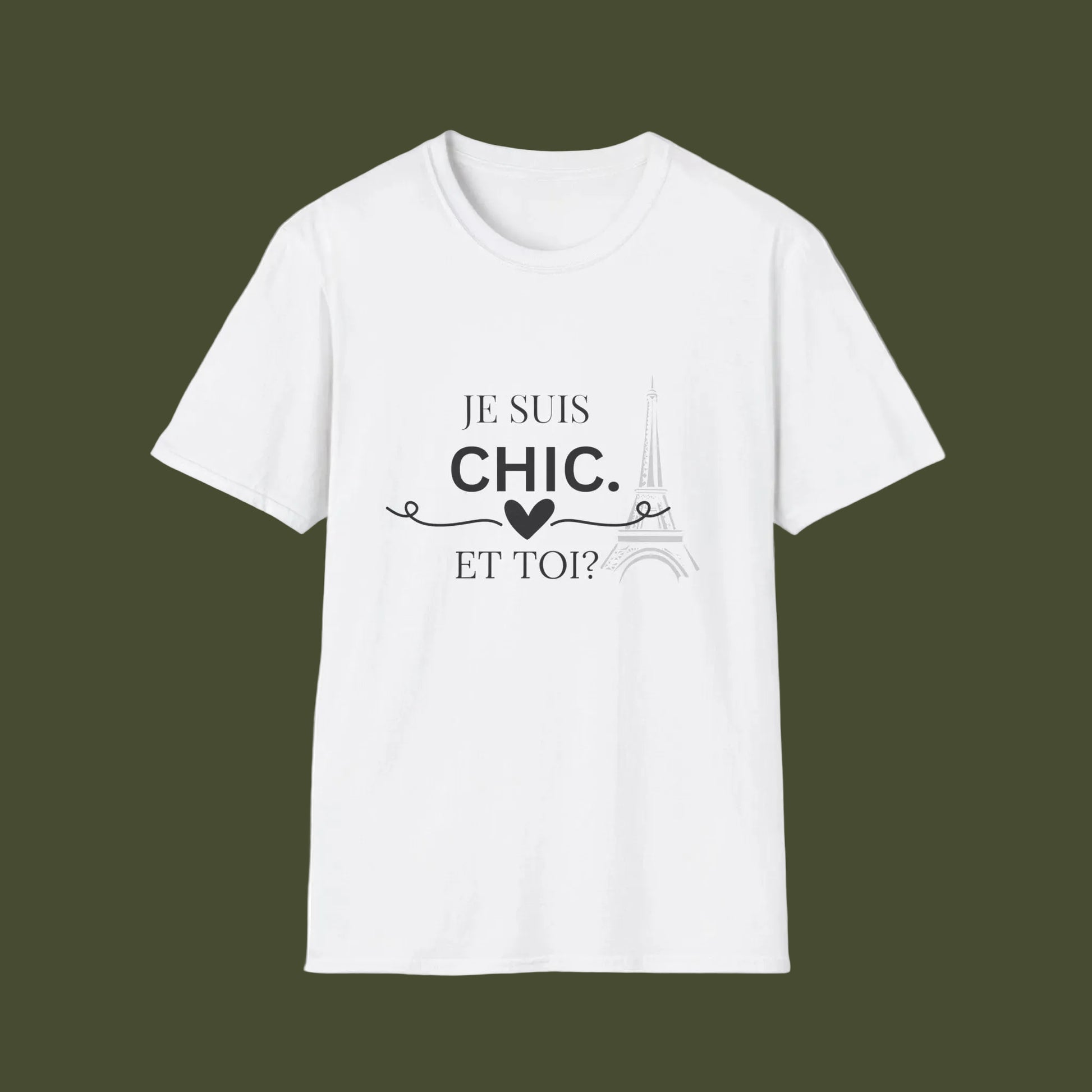 White t-shirt with black text and heart design on a white background
