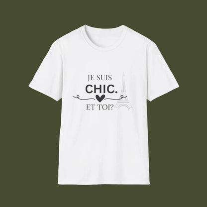 White t-shirt with black text and heart design on a white background
