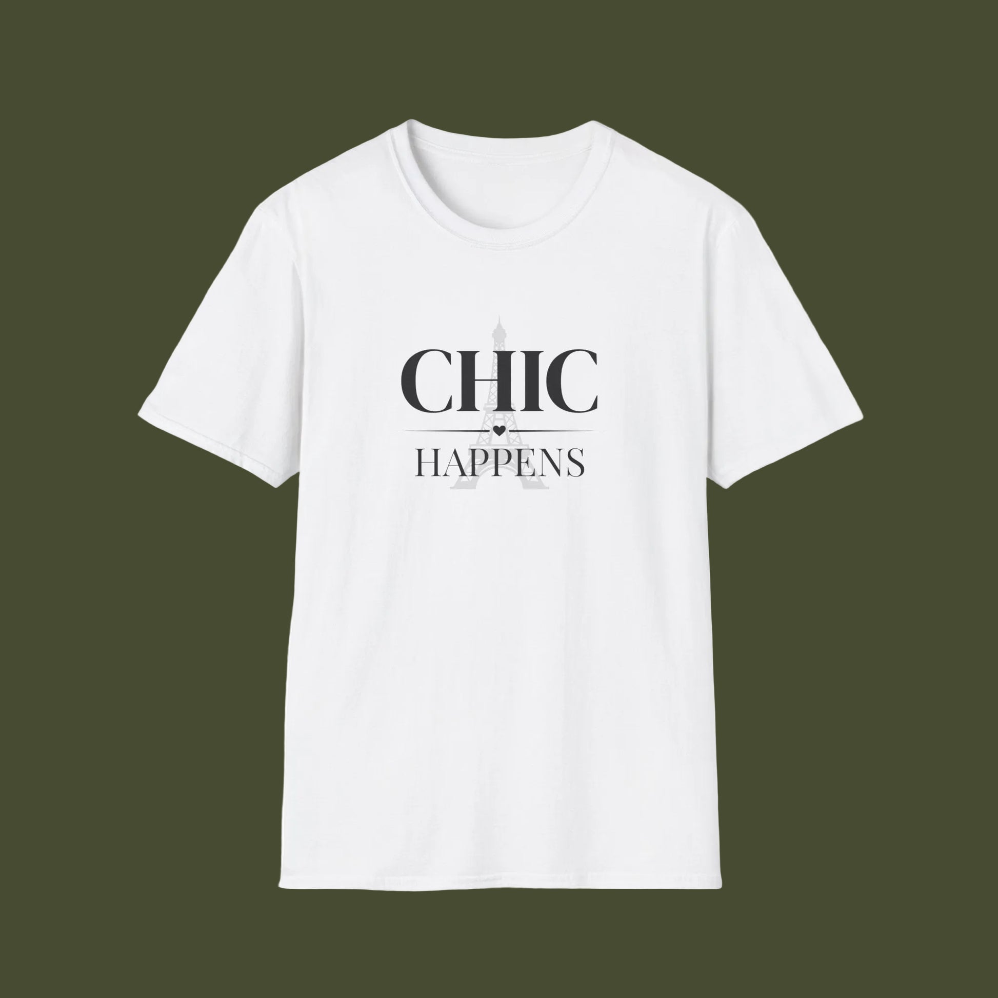 White t-shirt with 'Chic Happens' text 