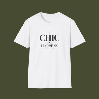 White t-shirt with 'Chic Happens' text 