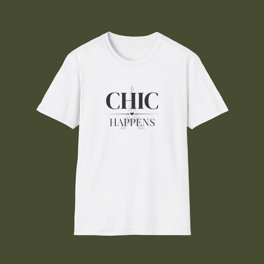 White t-shirt with 'Chic Happens' text 