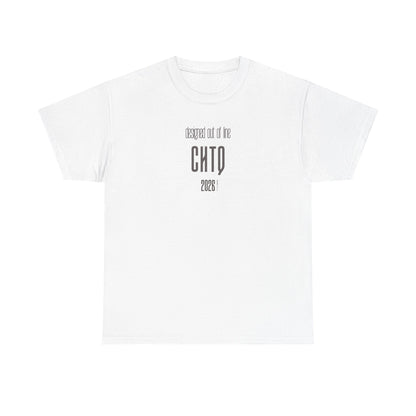 White Designed Out of Line CHTQ Graphic T-Shirt featuring minimalist gray CHTQ typography, “designed out of line” text, and 2026 detailing on the front.