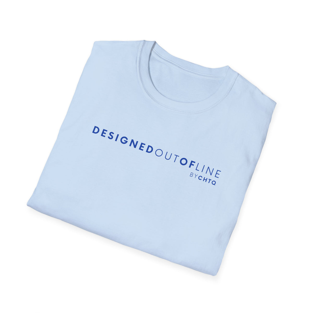A light blue short-sleeve crewneck T-shirt with “DESIGNED OUT OF LINE” and “BY CHTQ” printed in dark blue on the chest, displayed on a clean white background.