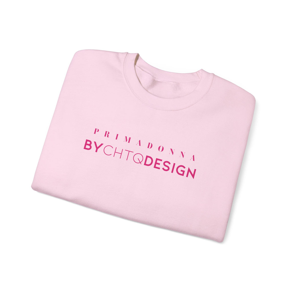 A folded light pink crewneck sweatshirt featuring pink “PRIMADONNA BY CHTQ DESIGN” text across the chest, displayed against a clean white background.