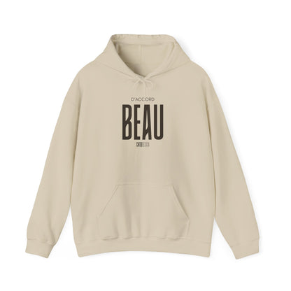 Beige hoodie with 'D'Accord BEAU' logo on a white background