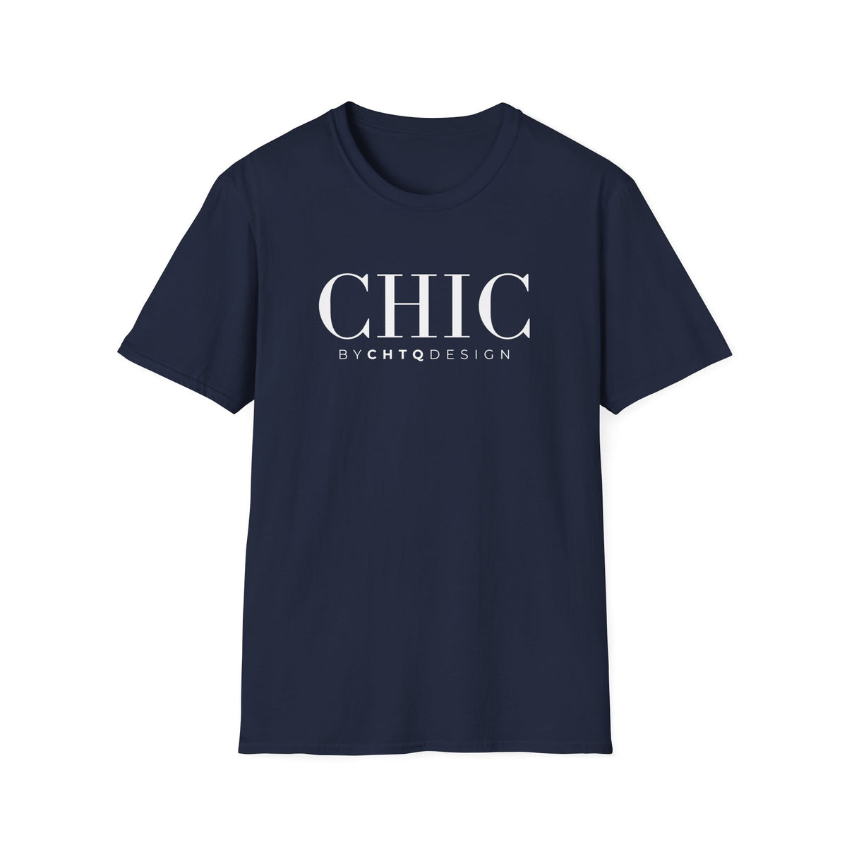 CHIC by CHTQ Design Women’s Graphic T-Shirt in navy with white typography on the front.