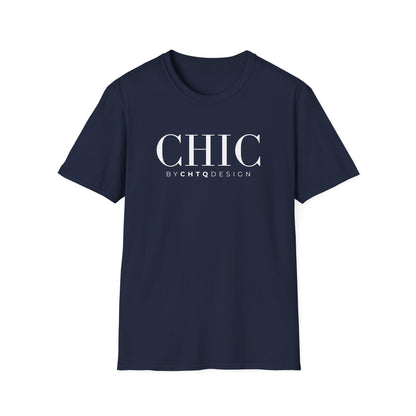 CHIC by CHTQ Design Women’s Graphic T-Shirt in navy with white typography on the front.