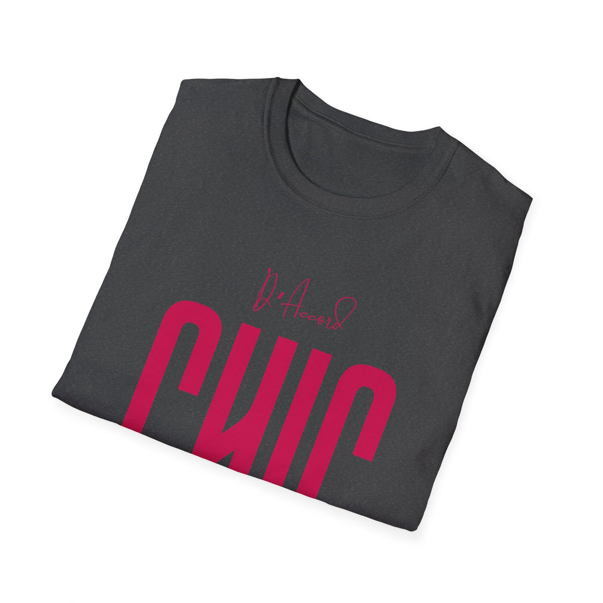 Folded dark heather D’Accord CHIC T-shirt showing the raspberry pink front graphic.