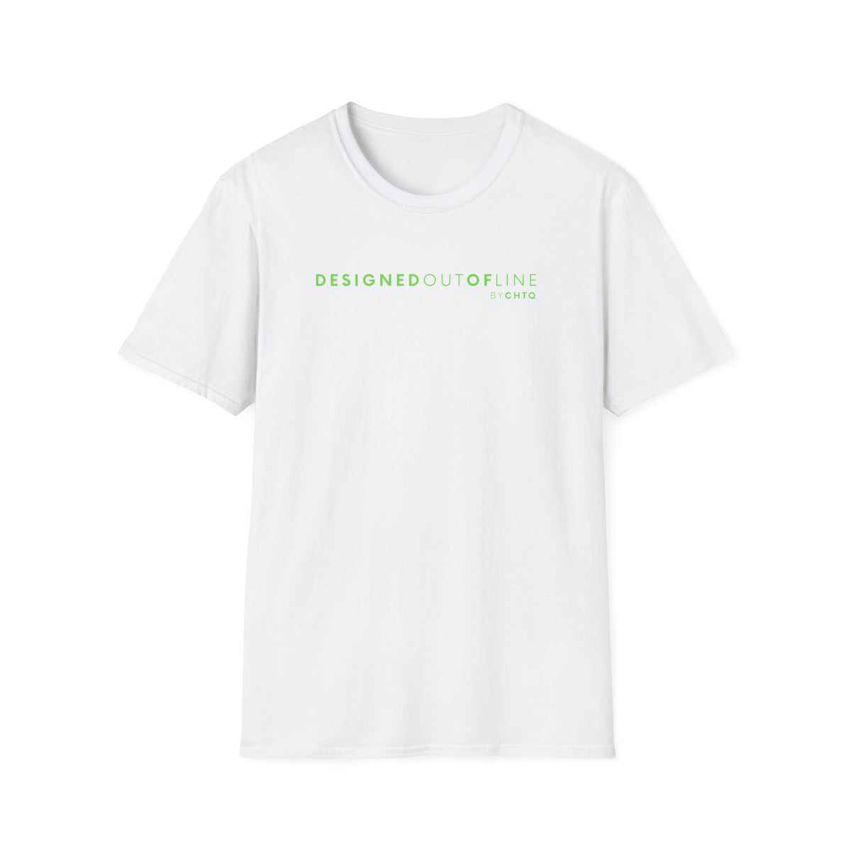 A white short-sleeve crewneck T-shirt with “DESIGNED OUT OF LINE” and “BY CHTQ” printed in green across the chest, displayed on a clean white background.