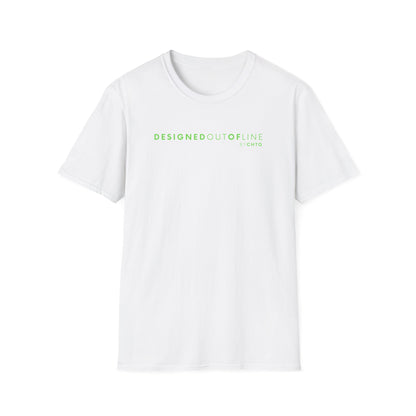 A white short-sleeve crewneck T-shirt with “DESIGNED OUT OF LINE” and “BY CHTQ” printed in green across the chest, displayed on a clean white background.