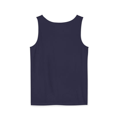 A navy blue sleeveless tank top from back with a light green graphic print on the front reading 'L'art Du CHAOTIQUE' and 'CHTQDESIGN', displayed against a plain white background.