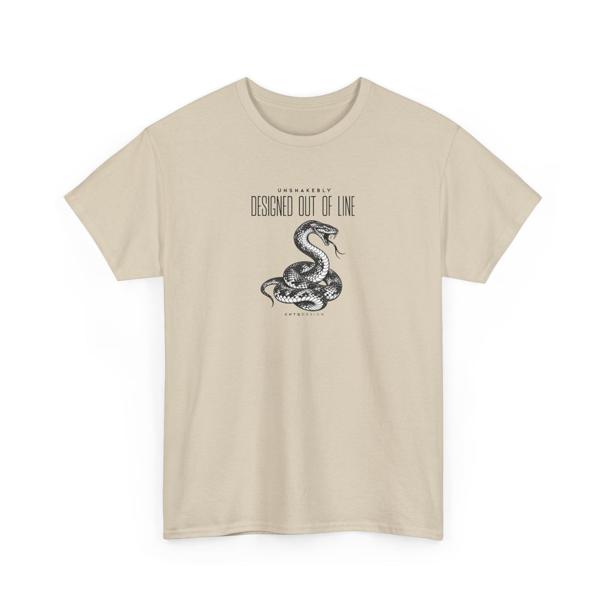 Cream beige UNSNAKEBLY Designed Out of Line graphic T-shirt featuring a contrasting snake illustration and CHTQ Design typography.