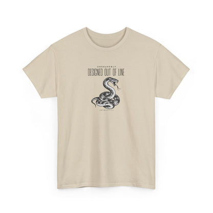 Cream beige UNSNAKEBLY Designed Out of Line graphic T-shirt featuring a contrasting snake illustration and CHTQ Design typography.