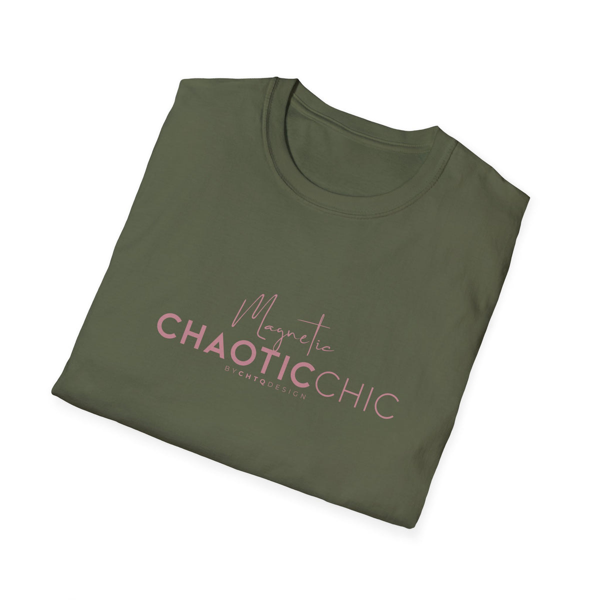 A folded green short-sleeve graphic T-shirt with 'Magnetic Chaotic Chic' printed in pink across the chest, displayed against a plain white background.
