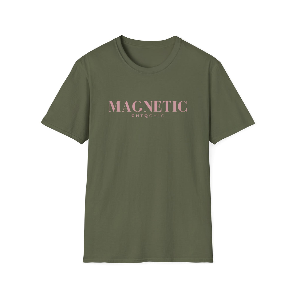 A green short-sleeve graphic T-shirt featuring pink 'MAGNETIC' text with smaller 'CHTQ CHIC' lettering underneath, displayed against a clean white background.