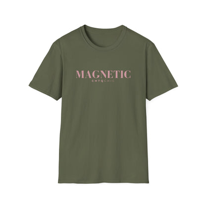 A green short-sleeve graphic T-shirt featuring pink 'MAGNETIC' text with smaller 'CHTQ CHIC' lettering underneath, displayed against a clean white background.