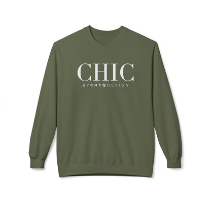 Military green CHIC by CHTQ Design crewneck sweatshirt with white typography on the front.