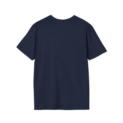 A navy blue short-sleeve crewneck T-shirt with “DESIGNED OUT OF LINE” and “BY CHTQ” printed in blue across the chest, displayed on a clean white background.
