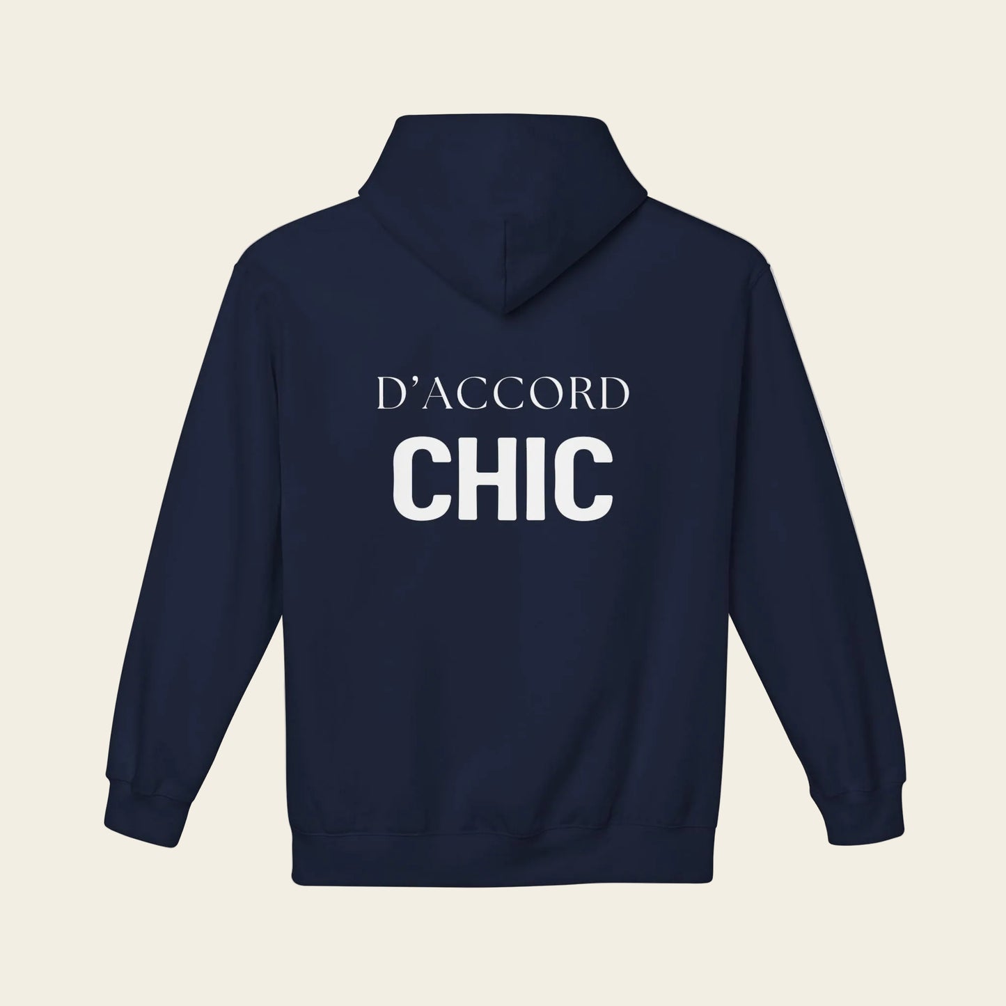 A navy blue hoodie shown from the back, featuring the words 'D'ACCORD CHIC' printed in white across the upper back.